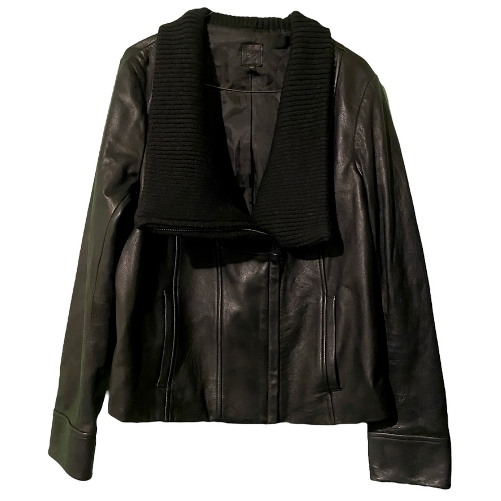 Gap Black 100% Leather Moto Jacket with Wool Blend Ribbed Drape Collar